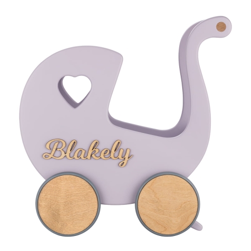Wooden Doll's Pram Baby Walker + Name Vintage - Bubble Gum Lavender, First Birthday Gift for 1 Year Old Baby Girl