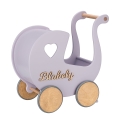Wooden Toy Pram Toddler  Walker + Name Vintage - Bubble Gum Lavender Pusher, Best Birthday Gift for Baby Girl