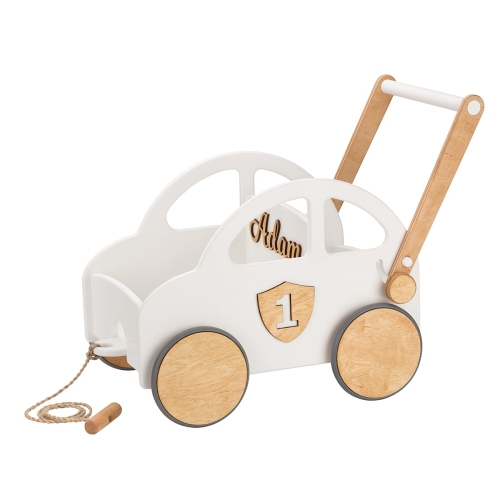 Wooden Push and Pull Toy Car with Name Baby Walker - First Road White, 1st Birthday Gift for Baby, Push Toy