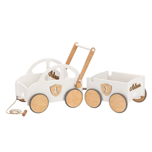 Wooden Push Toy Car with Trailer - Toddler walker First birthday gift for one year old baby boy