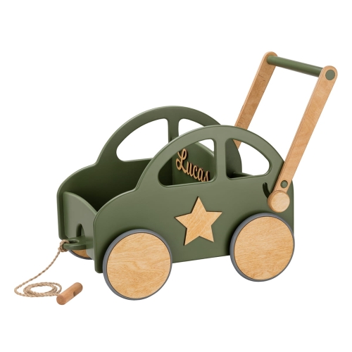 Wooden Push &amp; Pull Toy Car with Name Baby Walker - First Road Military Green