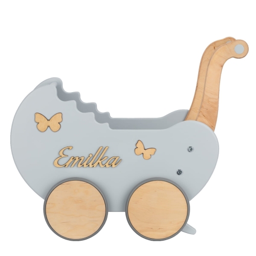 Wooden Doll's Stroller Toddler Walker + Name Retro - Light Rainbow Gray