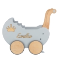 Wooden Toy carriage for Dolls Push Walker with Name, adjustment handle and supports for learning to walk