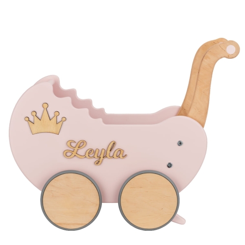 Retro Holzpuppenwagen mit Namen und Krone LIGHT RAINBOW puderrosa mit Holz