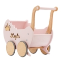 Retro Holz Puppenwagen mit Namen und Krone LIGHT RAINBOW puderrosa mit Holz, Lauflernwahen, Lauflernhilfe