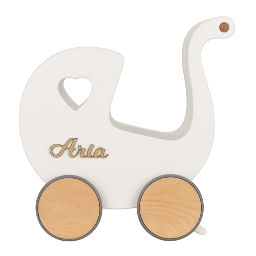 Puppenwagen aus Holz mit Namen und Stand im Retro-Stil BUBBLE GUM weiß mit Holz