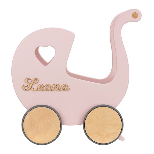 Retro Holzpuppenwagen mit Namen und Stand - Bubble Gum Puder rosa, Geburtstagsgeschenk für Baby Mädchen