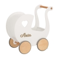 Puppenwagen aus Holz mit Namen und Stand im Retro-Stil BUBBLE GUM weiß mit Holz