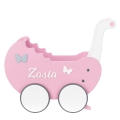 Wooden Doll's Stroller Toddler Walker + Name Retro Light Rainbow Pink and White