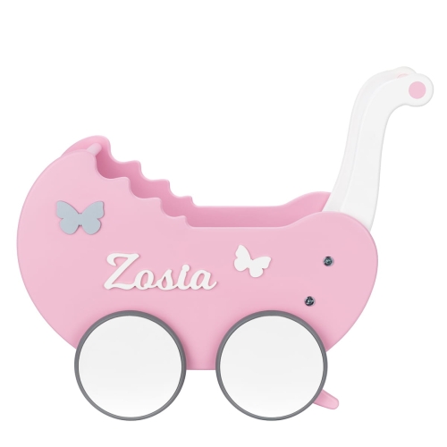 Wooden Doll's Stroller Toddler Walker + Name Retro Light Rainbow Pink and White
