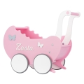 Sweet Pink Wooden Baby Doll stroller Walker with Name, supports for learning to walk