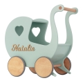 Wooden Doll's Baby Carriage Toddler Push Toy with Name  and Retro style booth and heart - Bubble Gum Mint