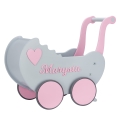 Wooden Doll's Pram Toddler Walker + Name Retro style Push Toy with adjustment handle for learning to walk