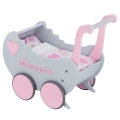 Wooden Doll's Pram Toddler Walker + Name Retro style Push Toy with Doll Bedding and adjustment handle