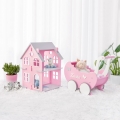 Drewniany domek dla lalek Sweet Home różowy z białymi okiennicami