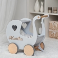 Vintage Puppenwagen aus Holz mit Namen im Retro-Stil BUBBLE GUM grau mit Holz