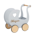 Puppenwagen aus Holz mit Namen im Retro-Stil BUBBLE GUM grau. Geburtstagsgeschenk für ein Mädchen
