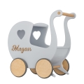 Puppenwagen aus Holz mit Namen, Lauflernhilfe - Schieber BUBBLE GUM grau. Geschenk für einjähriges Mädchen